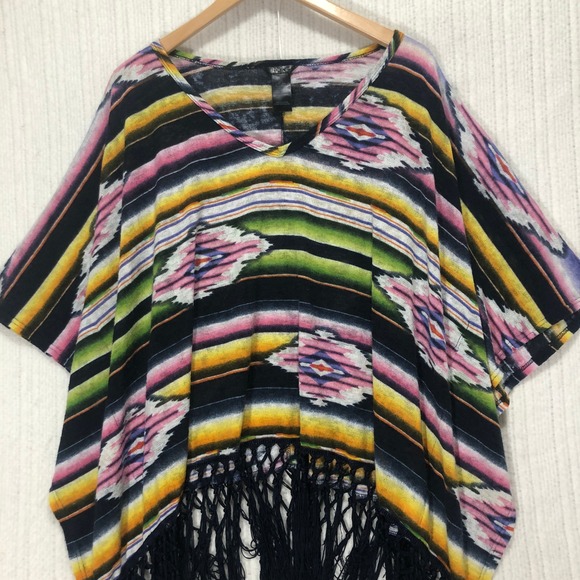 Rock 47 Poncho Top Serape Fringe Festival Colorful Cover Up XL/TG - Picture 1 of 7